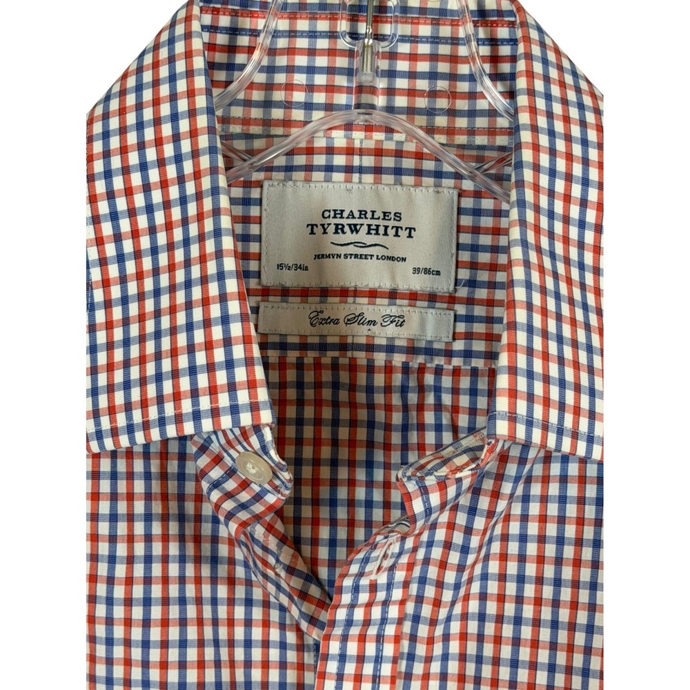 Charles Tyrwhitt Extra Slim Fit Gingham Shirt Mens 15.5 34 Red Blue White Prep